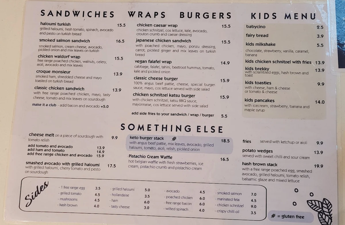 Menu, Three Beans Parramatta