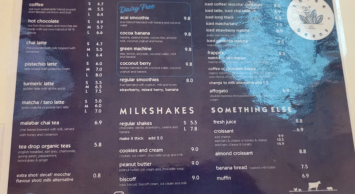 Menu, Three Beans Parramatta