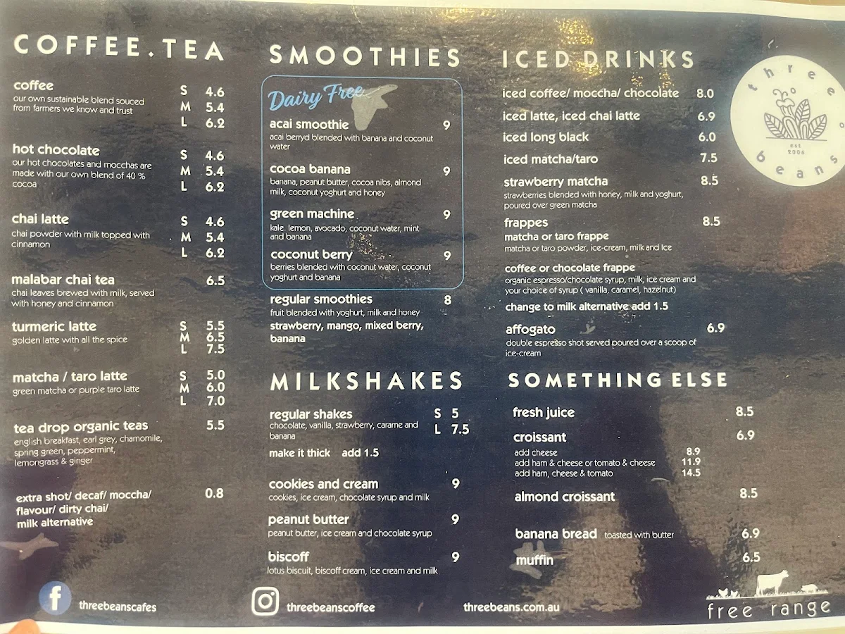 Menu, Three Beans Parramatta
