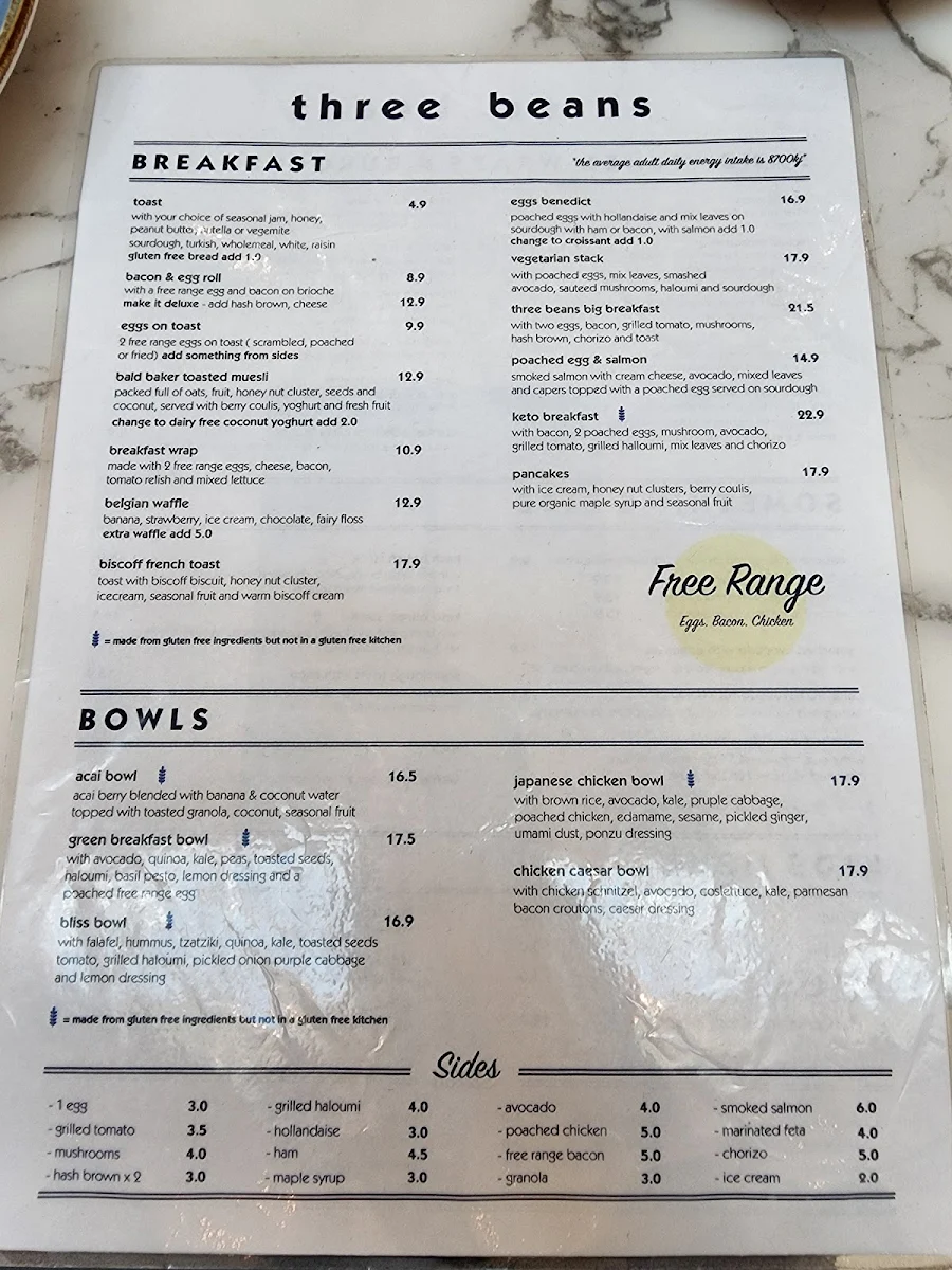 Menu, Three Beans Parramatta