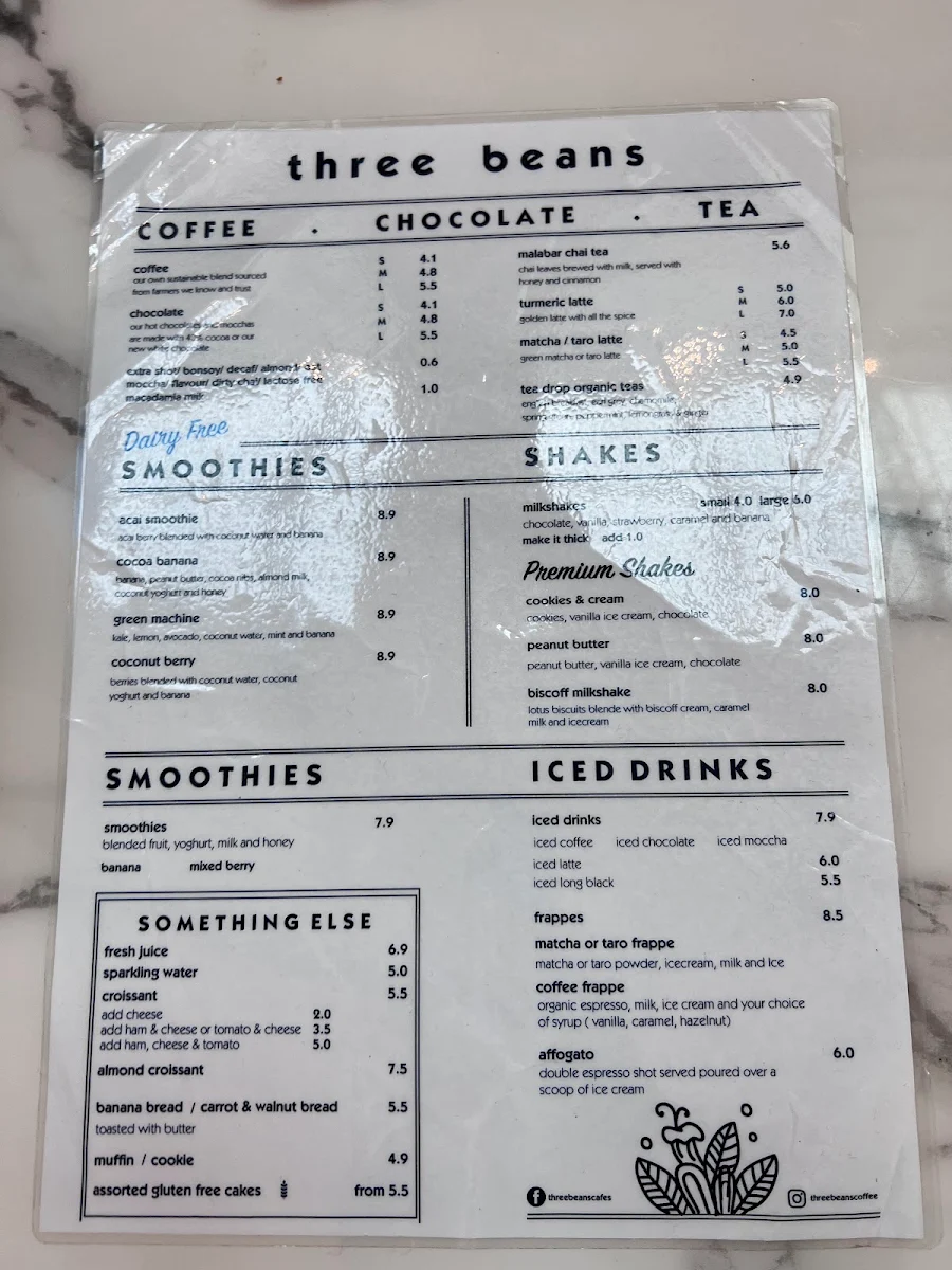 Menu, Three Beans Parramatta