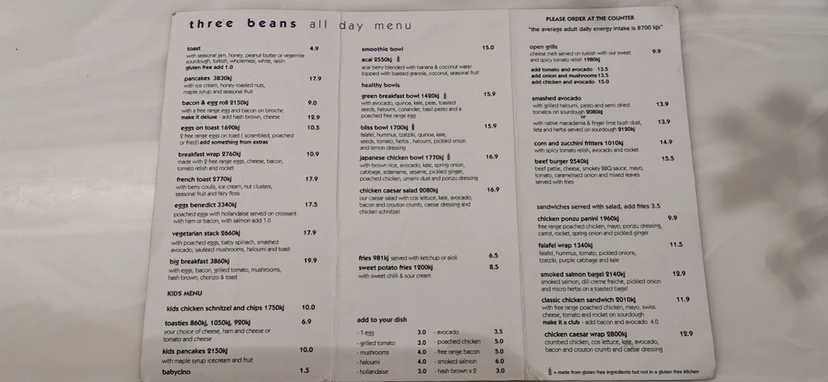 Menu, Three Beans Parramatta