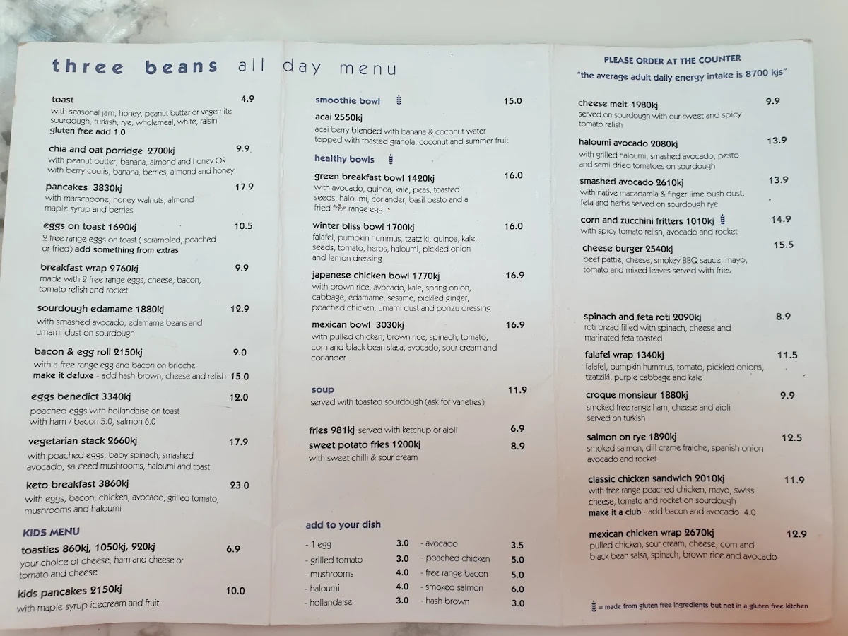 Menu, Three Beans Parramatta