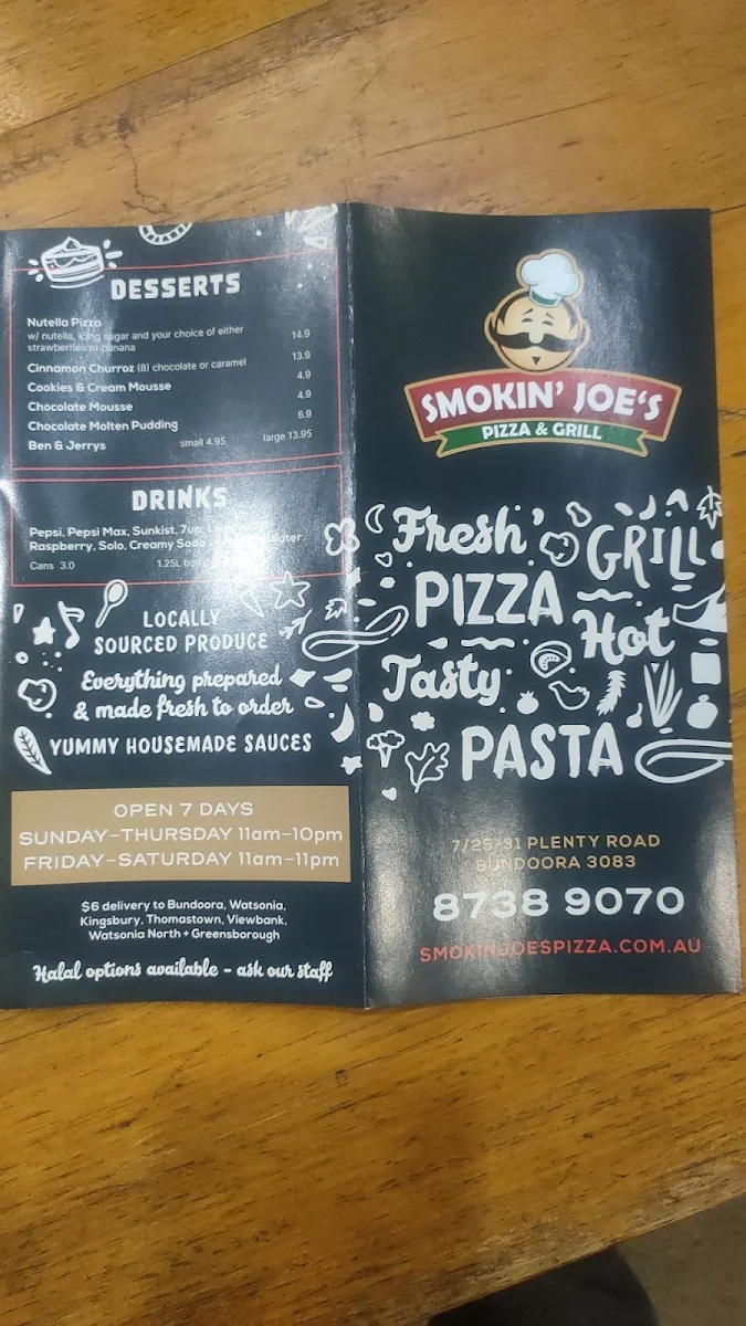 Menu, Smokin Joe's Pizza - Bundoora