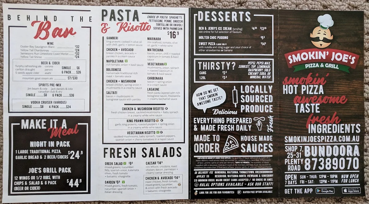 Menu, Smokin Joe's Pizza - Bundoora
