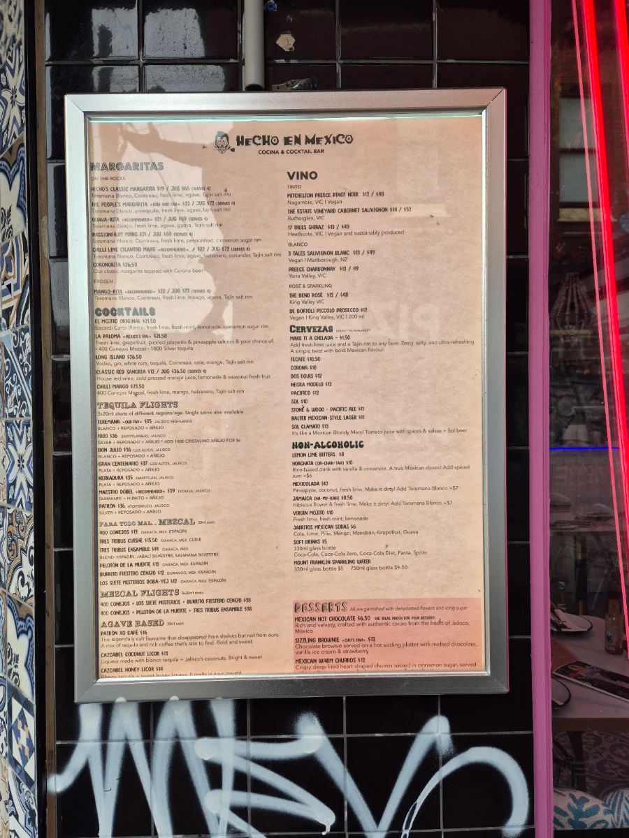 Menu, Hecho en Mexico Fitzroy