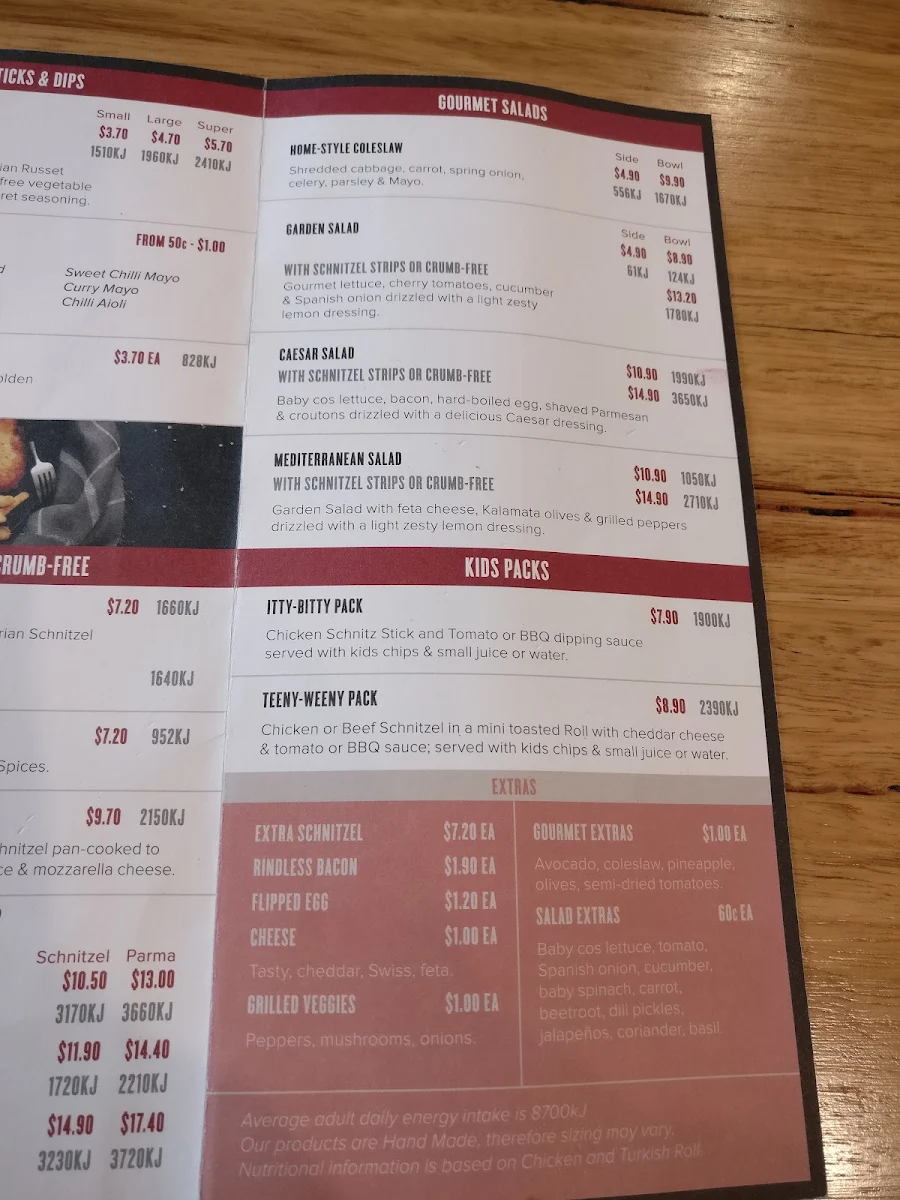 Menu, Schnitz Monash University