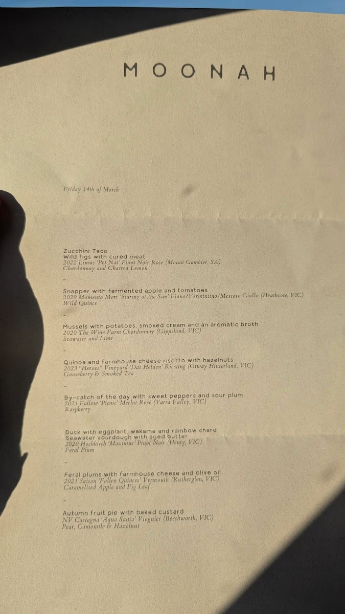 Menu, Moonah Restaurant
