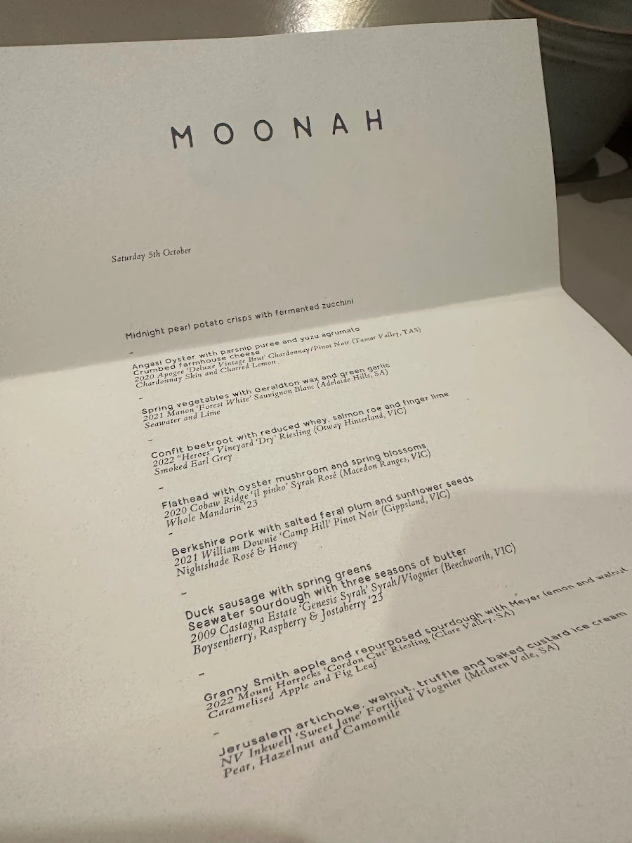 Menu, Moonah Restaurant