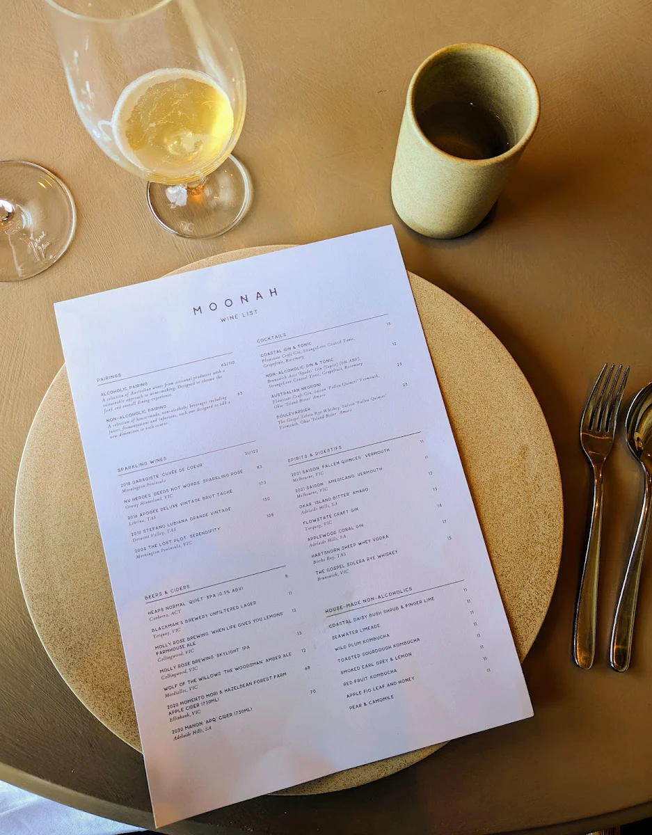 Menu, Moonah Restaurant