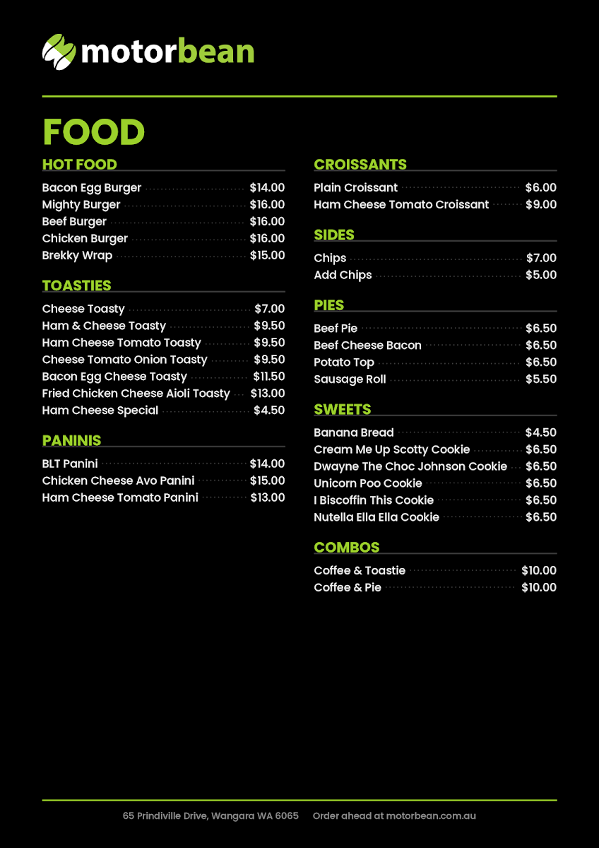 Menu, Motorbean
