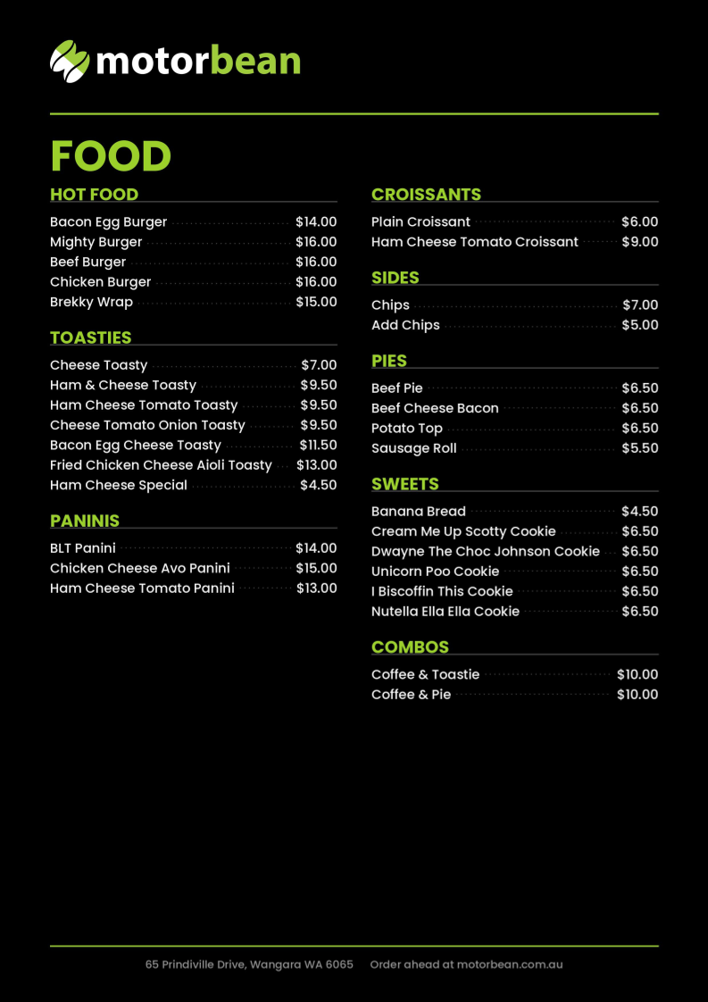 Menu, Motorbean