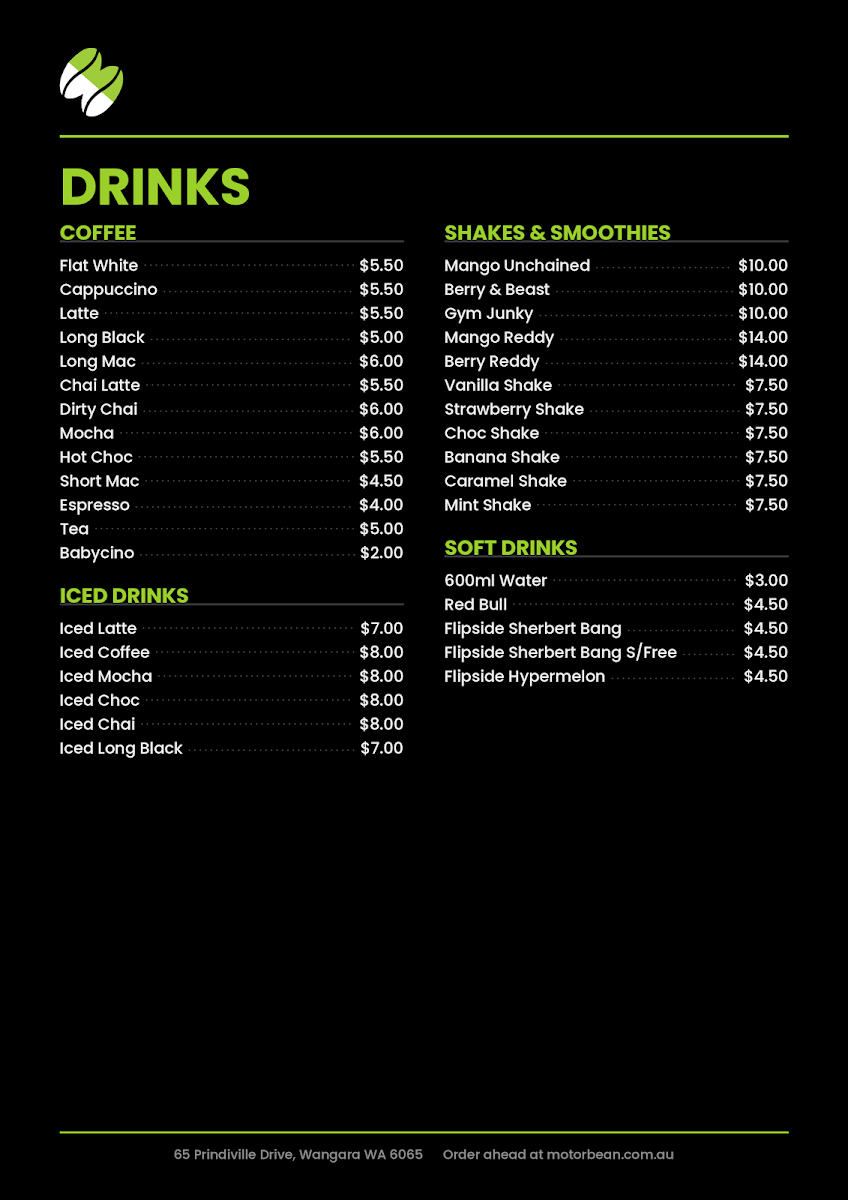 Menu, Motorbean