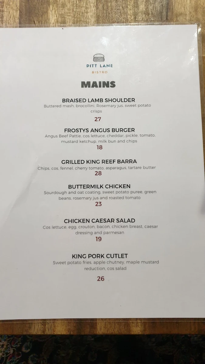 Menu, Pitt Lane Bistro