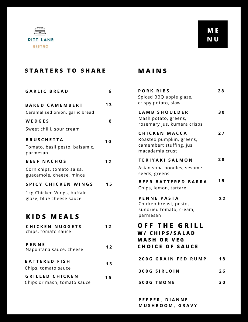 Menu, Pitt Lane Bistro