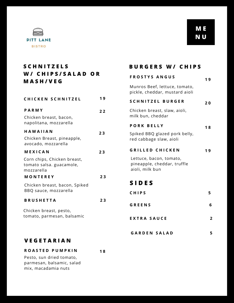 Menu, Pitt Lane Bistro