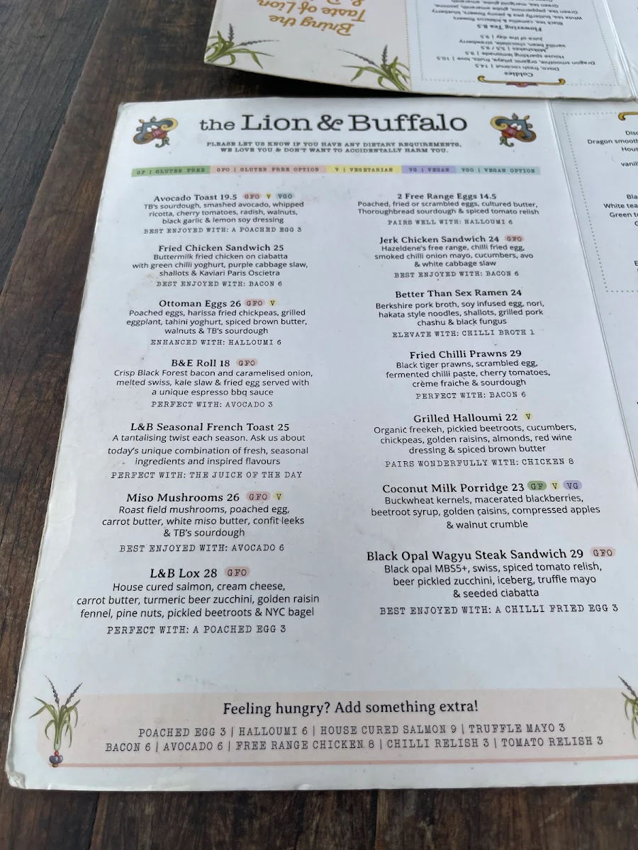 Menu, The Lion and Buffalo