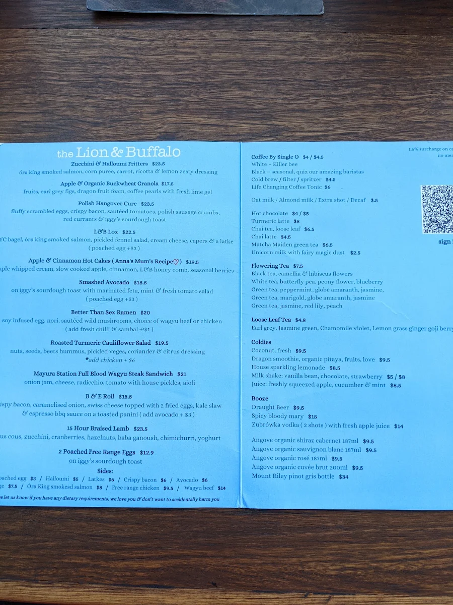 Menu, The Lion and Buffalo