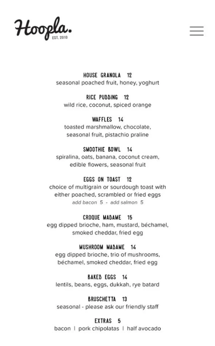 Menu, Hoopla