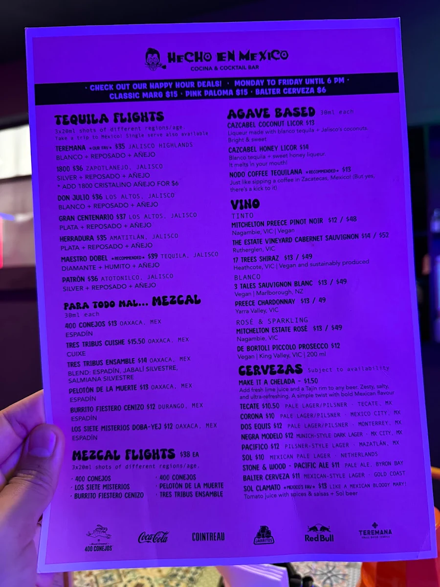 Menu, Hecho en Mexico Werribee