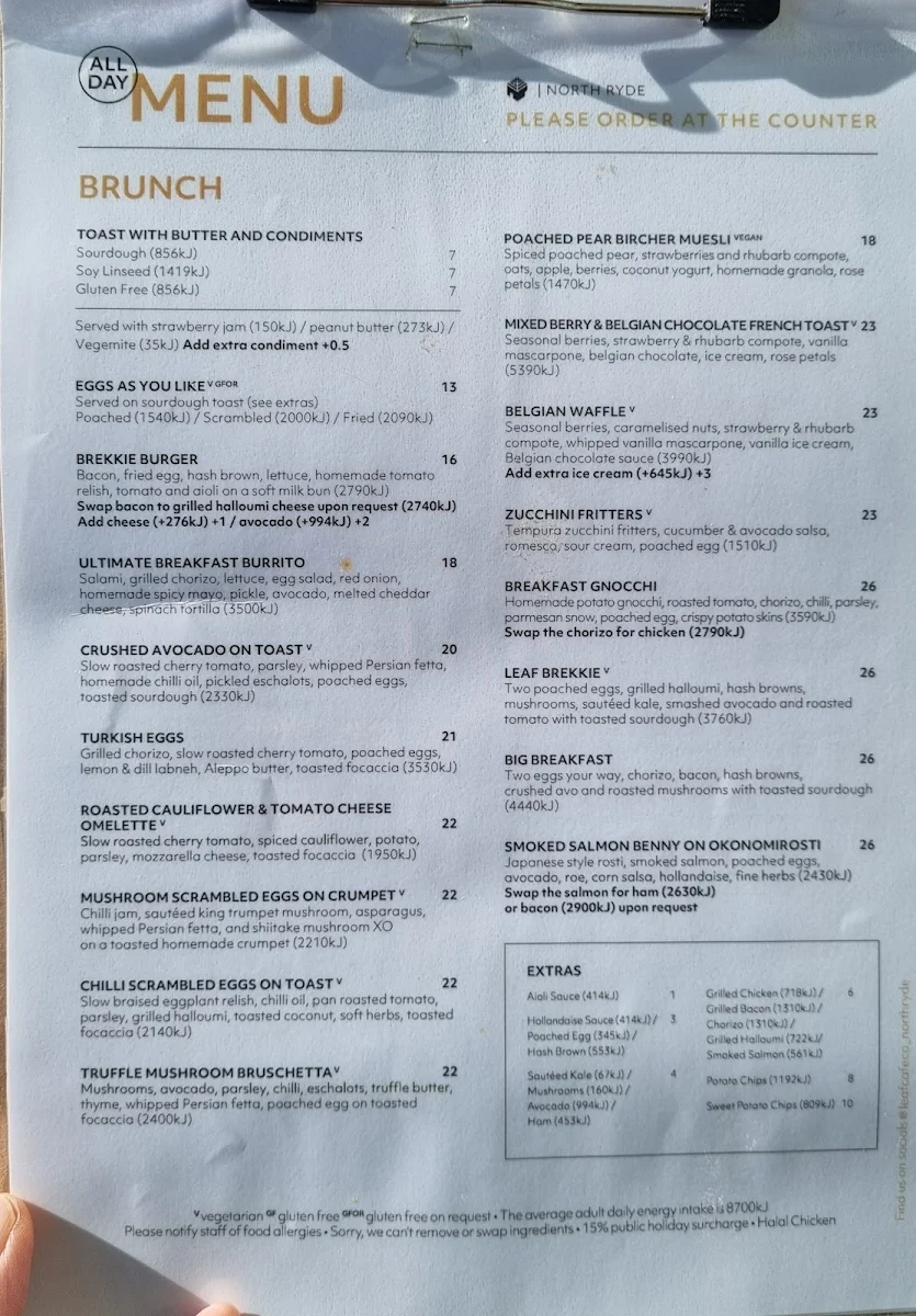 Menu, Leaf Cafe & Co North Ryde