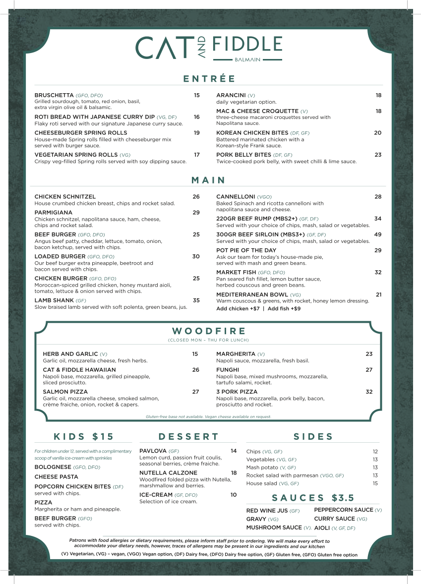 Menu, Cat & Fiddle Hotel