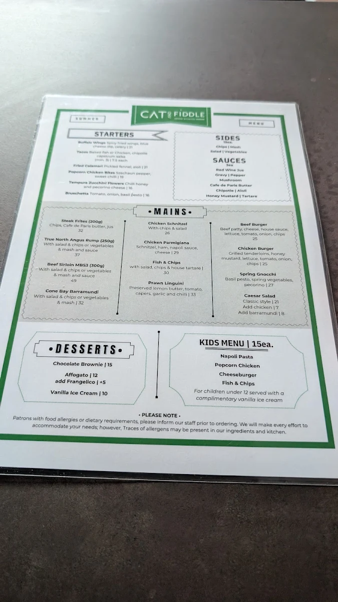 Menu, Cat & Fiddle Hotel