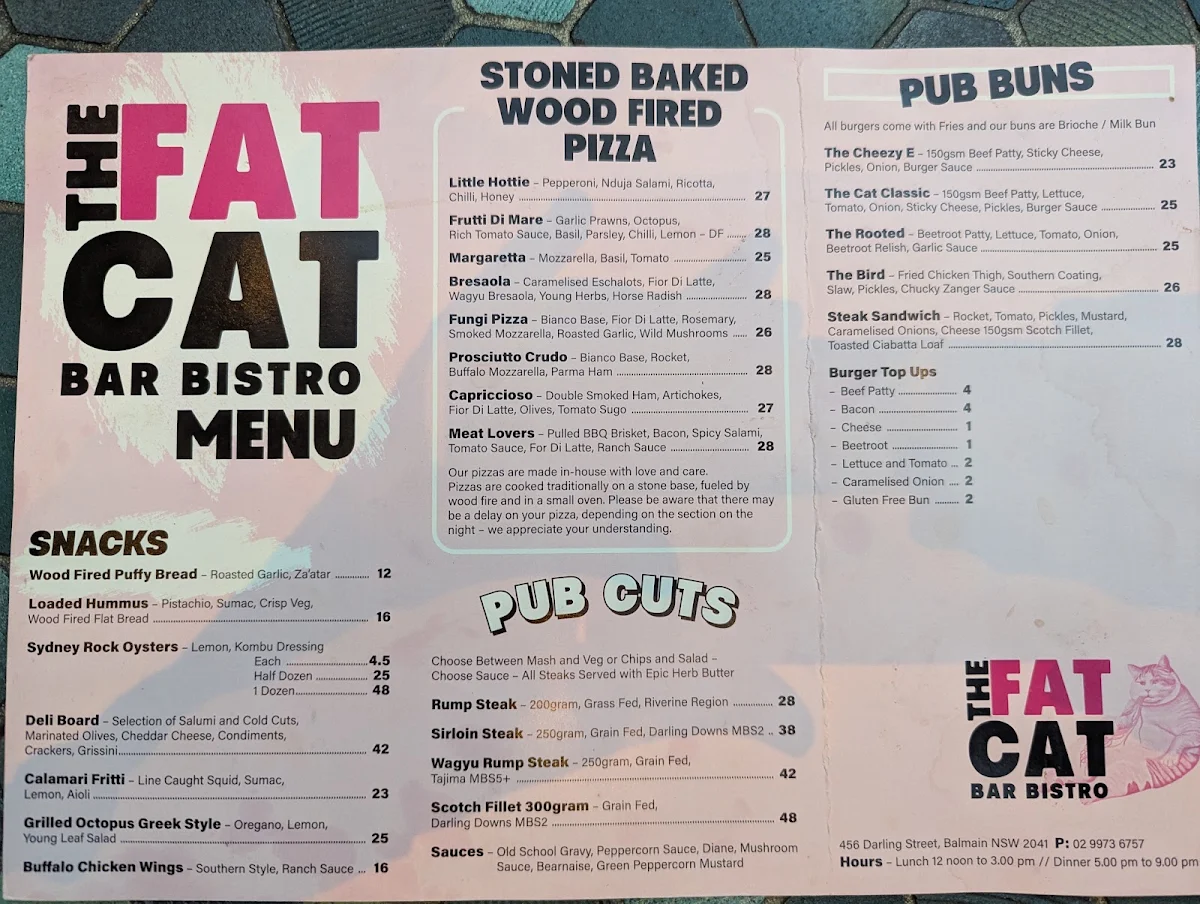 Menu, Cat & Fiddle Hotel