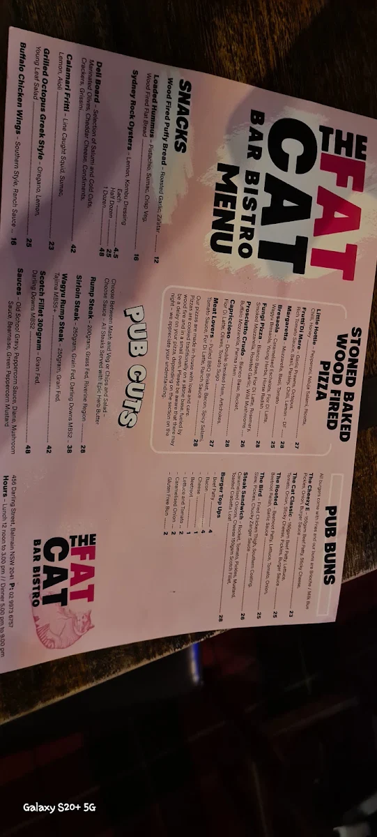 Menu, Cat & Fiddle Hotel