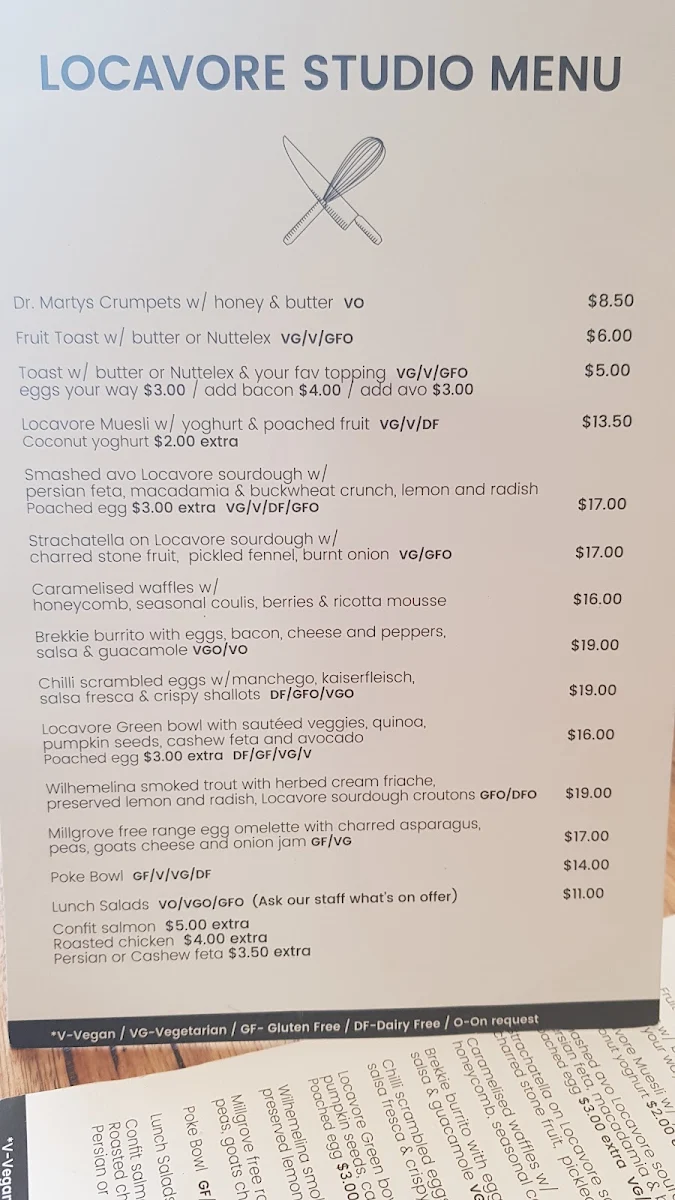 Menu, Locavore Studio