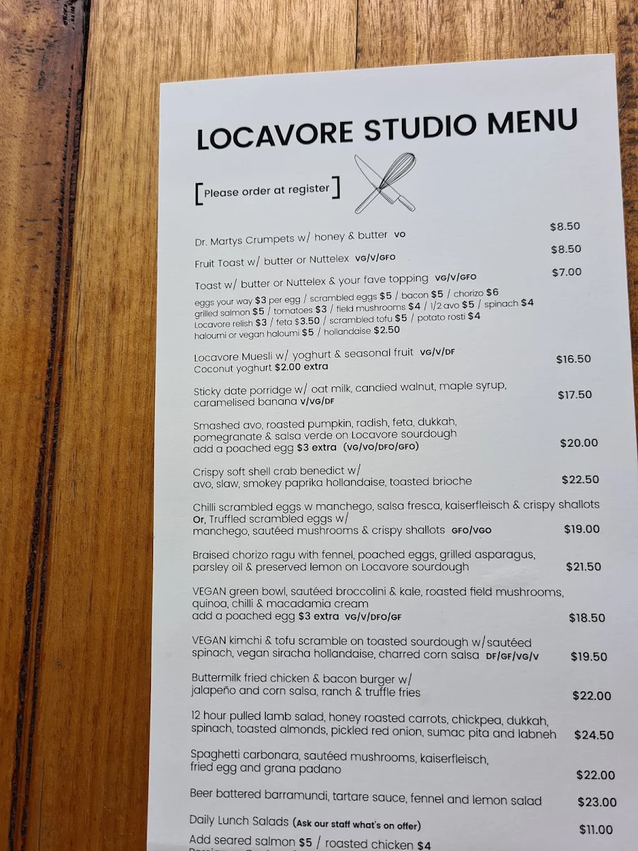 Menu, Locavore Studio