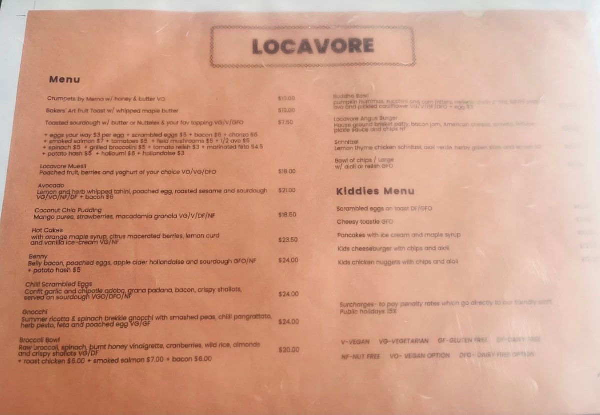 Menu, Locavore Studio
