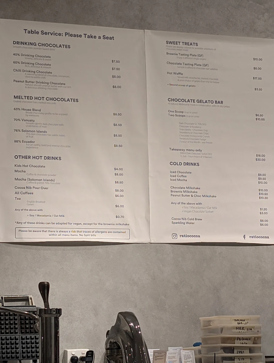 Menu, Ratio Cocoa Roasters