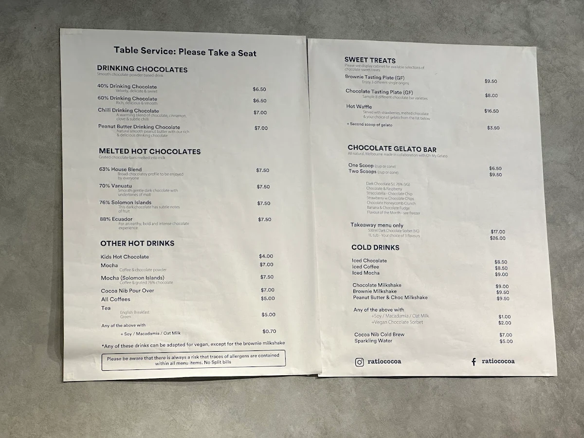 Menu, Ratio Cocoa Roasters