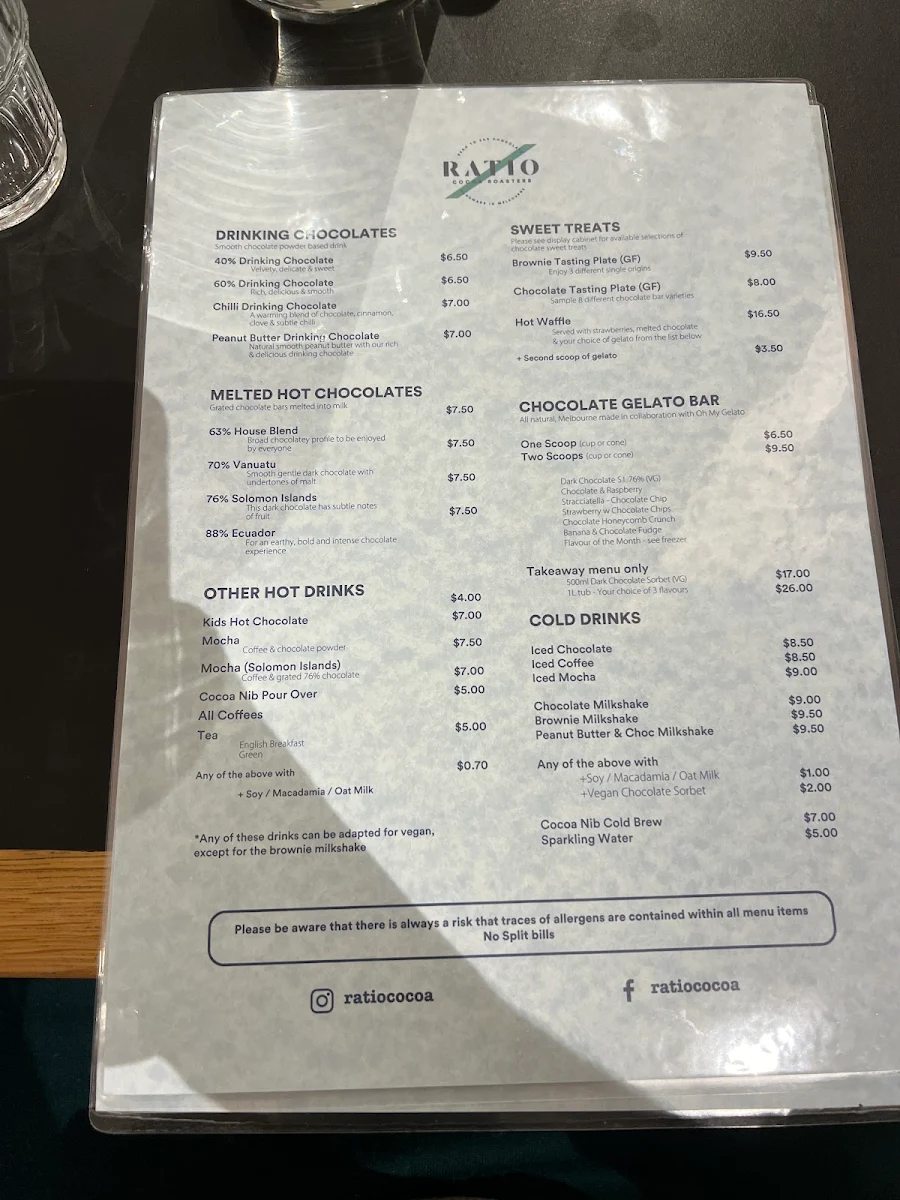 Menu, Ratio Cocoa Roasters