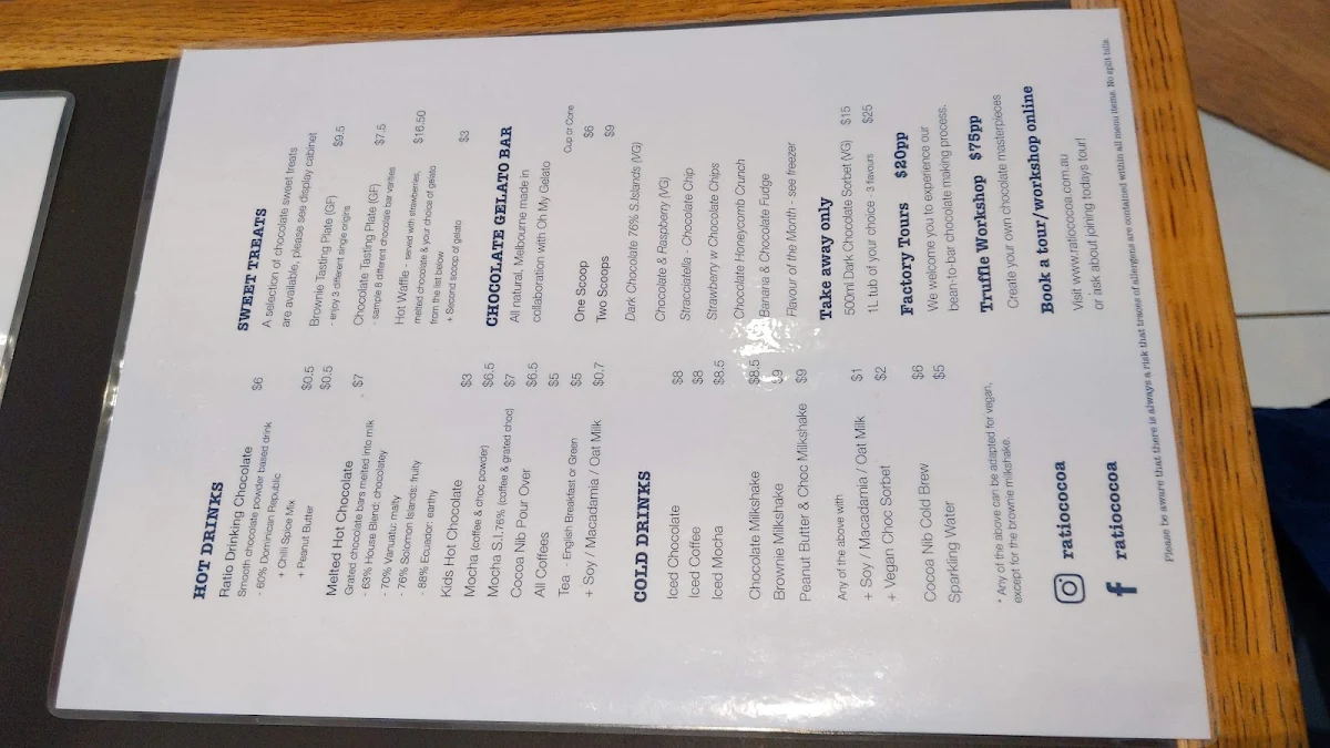 Menu, Ratio Cocoa Roasters