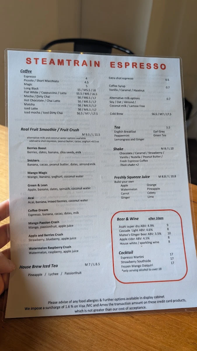 Menu, Steamtrain Espresso Bar and Kitchen