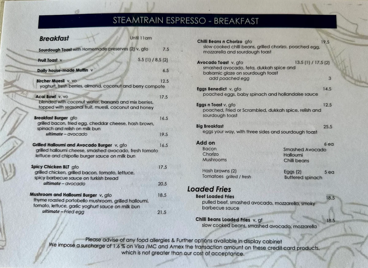 Menu, Steamtrain Espresso Bar and Kitchen