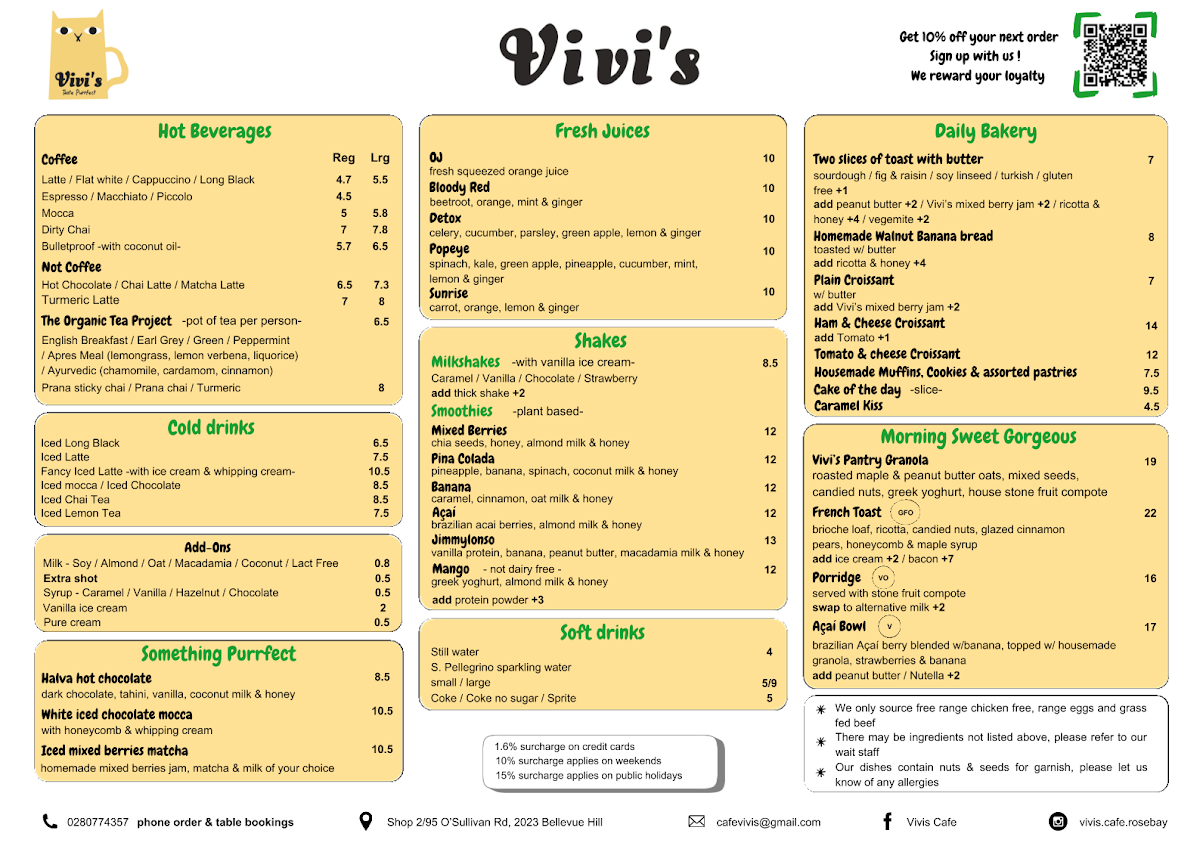 Menu, Vivi's Cafe