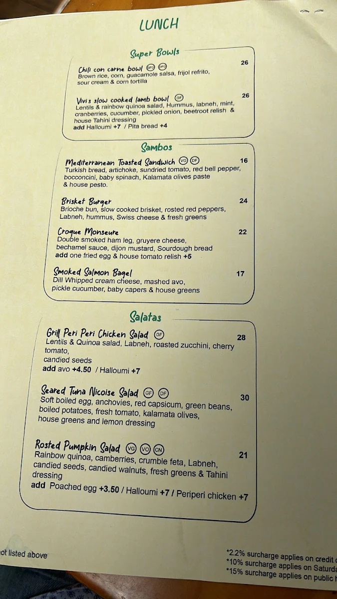 Menu, Vivi's Cafe