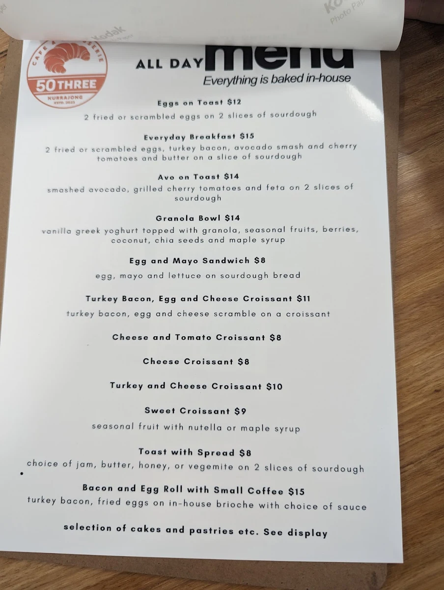 Menu, 50three Cafe & Patisserie
