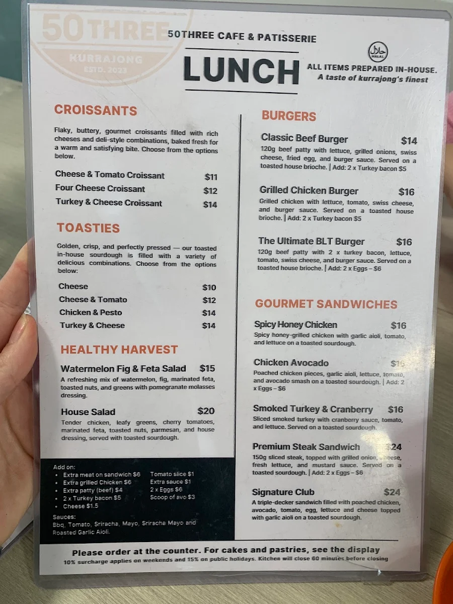 Menu, 50three Cafe & Patisserie