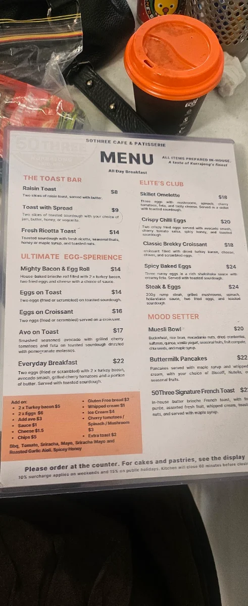 Menu, 50three Cafe & Patisserie