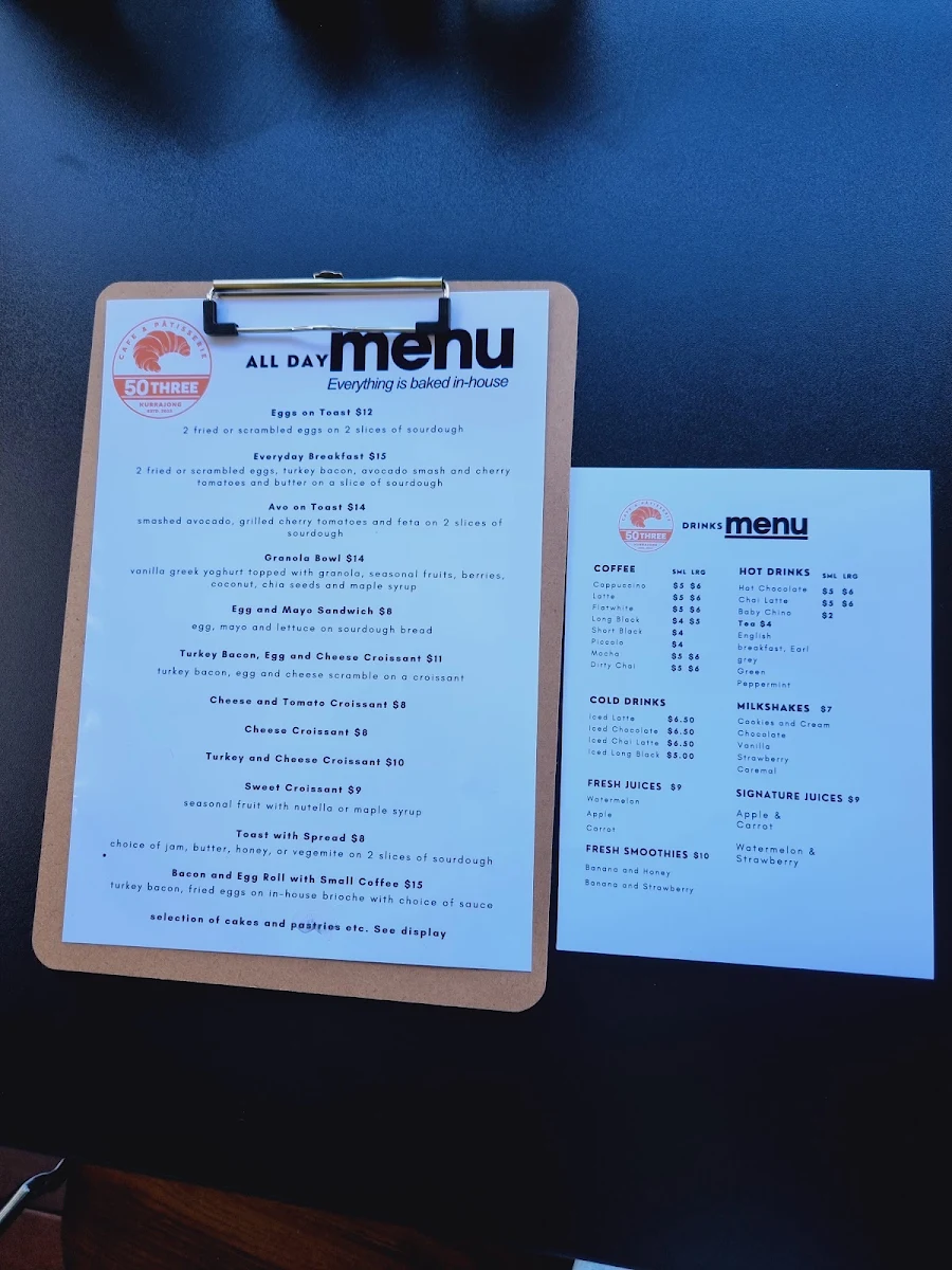 Menu, 50three Cafe & Patisserie