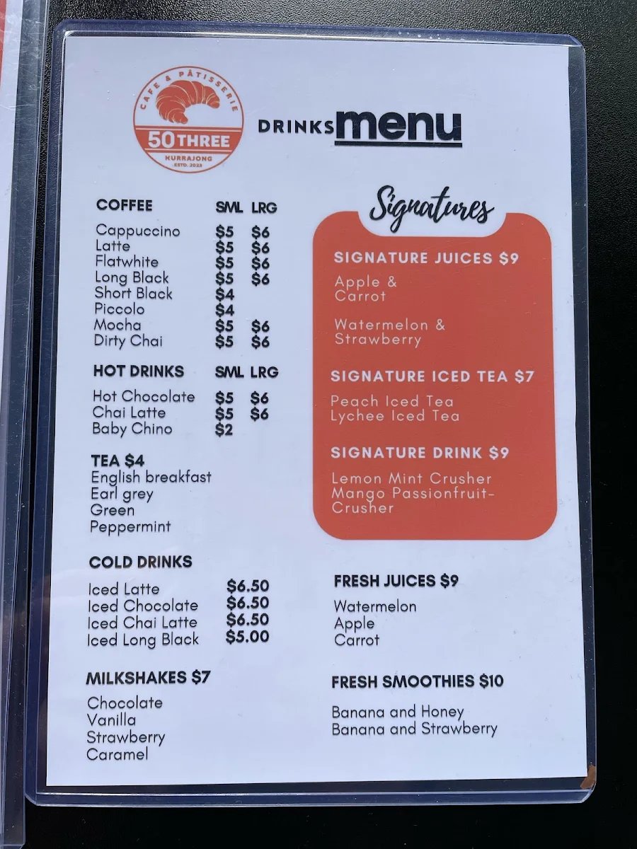 Menu, 50three Cafe & Patisserie