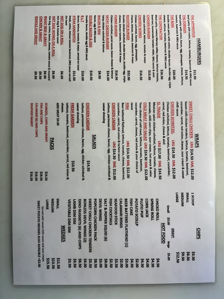 Menu, Tradies Takeaway on Kularoo