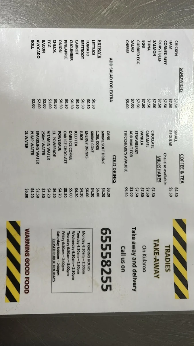 Menu, Tradies Takeaway on Kularoo
