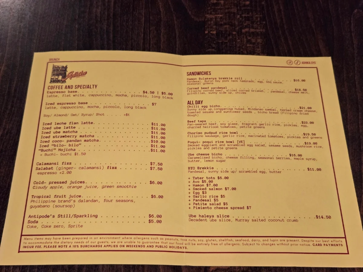 Menu, Adhika Cafe