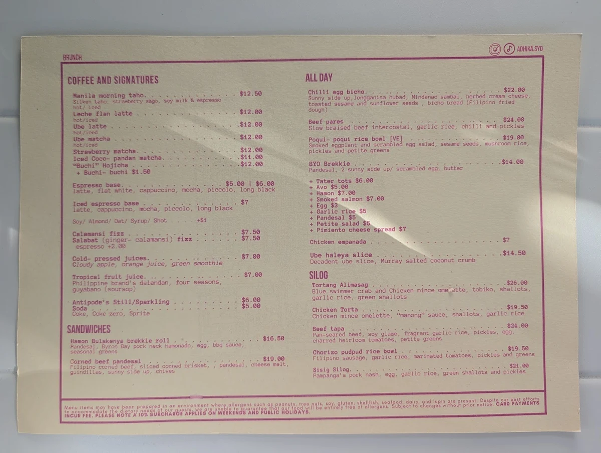 Menu, Adhika Cafe