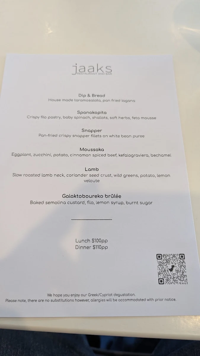 Menu, Jaaks Restaurant and Bar